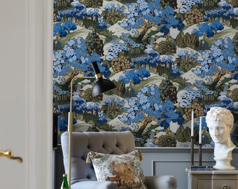 Blue Chinoiserie Wall Mural | Azure Blossom Peel and Stick Wallpaper | Japanese Wall Art