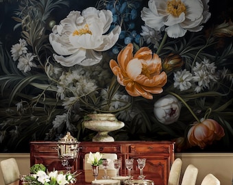Large Dark Floral Wallpaper | Moody Peony Peel and Stick Wall Mural | Large Botanical Art