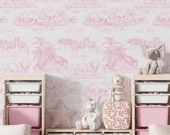 Barntapeter | Rosa Toile de Jouy-tapet | Safaridjur, självhäftande tapet