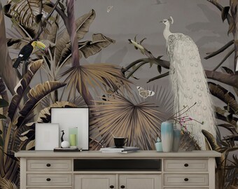 Tropical Trees Wallpaper Peel and Stick | White Peacock Wall Mural | Removable Jungle Decor