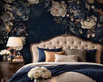 Carta da parati floreale blu navy / Murale vintage con peonie / Elegante decorazione blu scuro / Autoadesiva