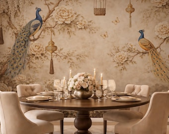 Beige Chinoiserie Wallpaper | Vintage Peacock Wall Mural | Neutral Floral Decor | Luxury Peel and Stick