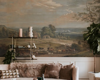 Pastoral Landscape Wall Mural | Vintage Oil Painting Scenic Wallpaper | Blush Traditional Art