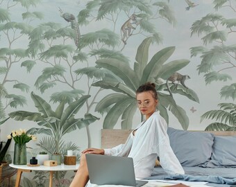 Tropical Toile Wallpaper | Soft Green Jungle Wall Mural Peel and Stick | Monkey and Peacock