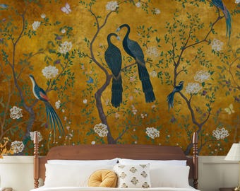 Chinoiseries dorées Papier peint | Papier peint autocollant Vintage élégant paon et oiseaux | Décoration de luxe