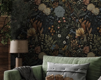 Papel tapiz botánico oscuro y melancólico / Mural autoadhesivo con diseño floral oscuro y apagado / Decoración cottagecore extraíble