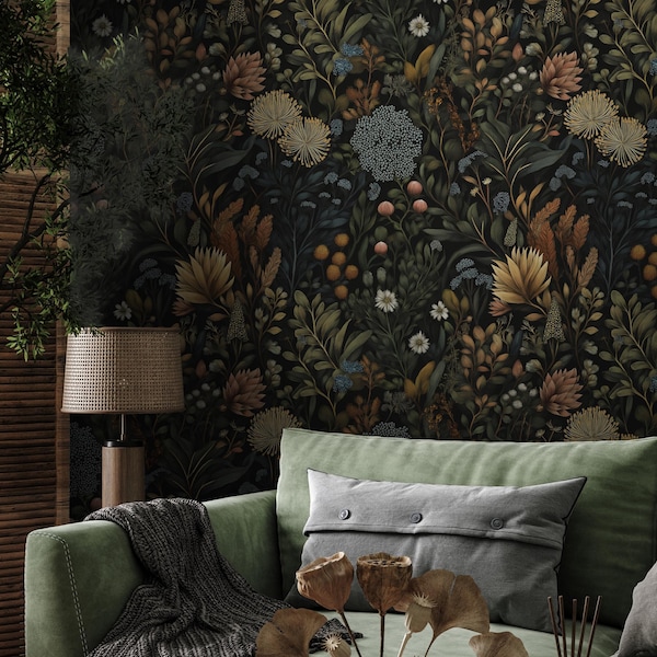 Moody Dark Botanical Wallpaper | Muted Dark Floral Peel and Stick Mural | Removable Cottagecore Decor