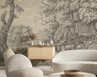 Vintage Forest Landscape Wallpaper | Monochrome Tree Scenic Wall Mural | Removable Peel and Stick