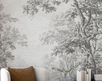 Black & White Landscape Wallpaper | Trees Scenic Wall Mural | Monochrome Toile Decor