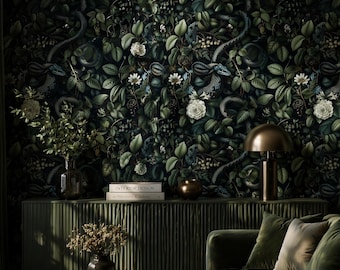 Dark Botanical Snake Wallpaper | Vintage Floral Wall Mural | Moody Maximalist Decor | Peel and Stick