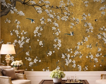 Chinoiserie Peel and Stick Wallpaper | Gold Leaf Cherry Blossom Wall Mural | Luxury Floral