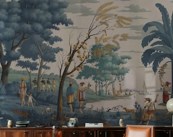 Egyptian Scenic Wallpaper | Vintage Teal Landscape Wall Mural | Removable Peel and Stick