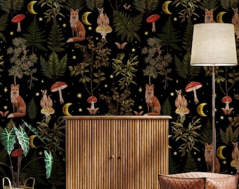 Woodland Animals Dark Botanical Wallpaper | Mushroom Wall Mural Peel and Stick | Removable