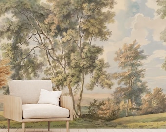 Vintage Scenic Forest Wall Mural | 18th Century Landscape Peel and Stick Wallpaper | Traditional Decor