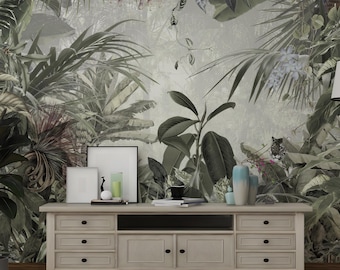 Lush Tropical Jungle Wallpaper | Monkey & Tiger Removable Wall Mural | Vintage Botanical