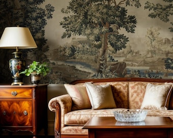 Vintage Countryside Landscape Wallpaper | Pastoral Scenic Wall Mural | European Scene Peel & Stick