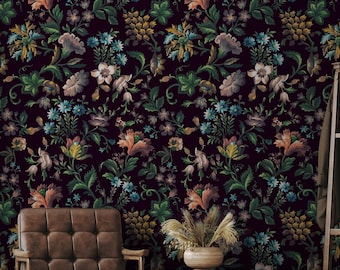 Vintage Dark Botanical Flowers Wallpaper |  Removable Tapestry Style Wall Mural | Peel and Stick