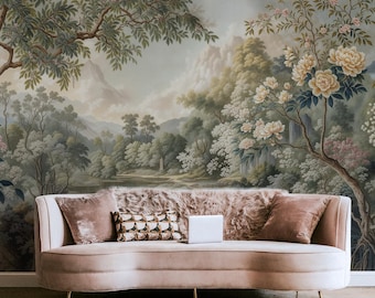 Countryside Landscape Wallpaper | Vintage Scenic Wall Mural | Removable Peel and Stick