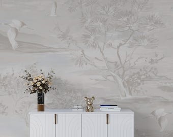 Papier peint paysage serein Blush | murale vintage neutre de Chinoiserie | Autocollant amovible