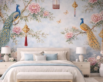 Chinoiserie Peacock Wallpaper | Floral Bird Wall Mural | Vintage Asian Decor | Peel and Stick