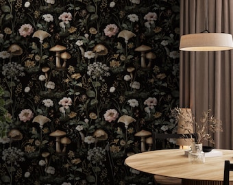 Dark Mushroom Wallpaper | Moody Dark Botanical Wall Mural | Peel and Stick