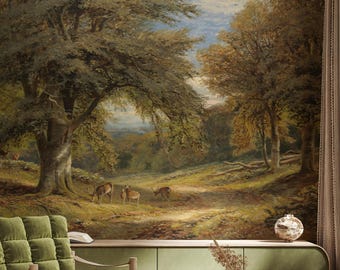Peinture à l'huile murale forêt | Papier peint amovible paysage de chevreuils | Art traditionnel