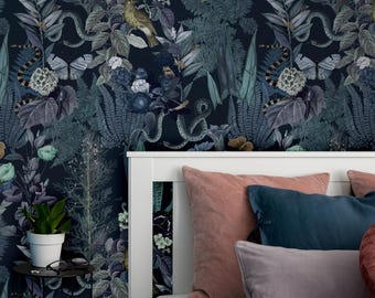 Dark Botanical Wallpaper | Peel and Stick Snake & Bird Wall Mural | Removable Wallpaper