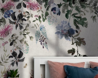 Hanging Floral Wallpaper | Watercolor Blue Flower Removable Wall Mural | Peel and Stick Boho Decor