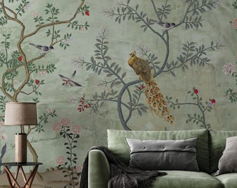 Chinoiserie Paon Papier peint | Amovible papier peint vert pastel | Design d'arbre élégant
