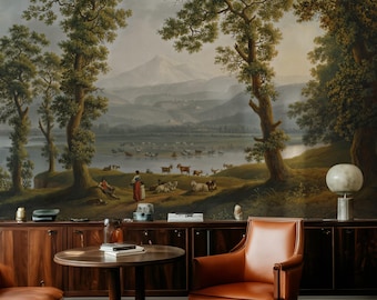 European Pastoral Landscape Wall Mural | Oil Painting Scenic Removable Wallpaper | Traditional Art