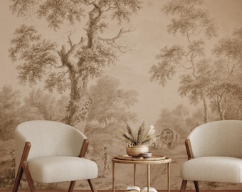 Vintage Sepia Scenic Wallpaper | Panoramic Landscape Wall Mural | Removable Rustic Home Decor
