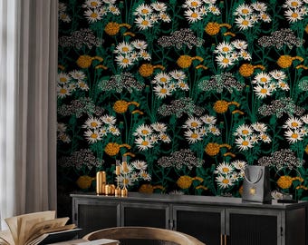 Papier peint floral foncé | Papier peint autocollant Fleurs sauvages botaniques | Décoration minimaliste lunatique