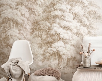 Sepia Tree Landscape Wallpaper | Vintage Scenic Wall Mural | Rustic Home Decor