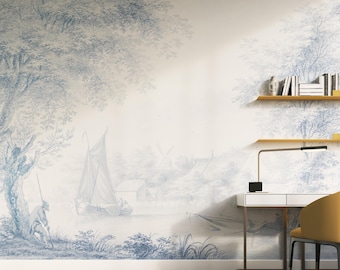 Vintage Toile Scenic Wallpaper | Blue Trees Panoramic Landscape Wall Mural | Removable Peel and Stick