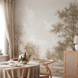 May include: A dining room with a round table and wooden chairs. The room is decorated in neutral tones, with a landscape mural on the wall and beige curtains. A bouquet of flowers sits on the table, creating a serene atmosphere.