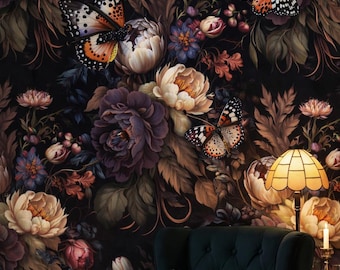 Dark Floral Butterfly Wallpaper | Moody Botanical Wall Mural | Peel and Stick Decor