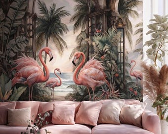 Papier peint flamant rose, papier peint paysage tropical, décoration murale arche vintage