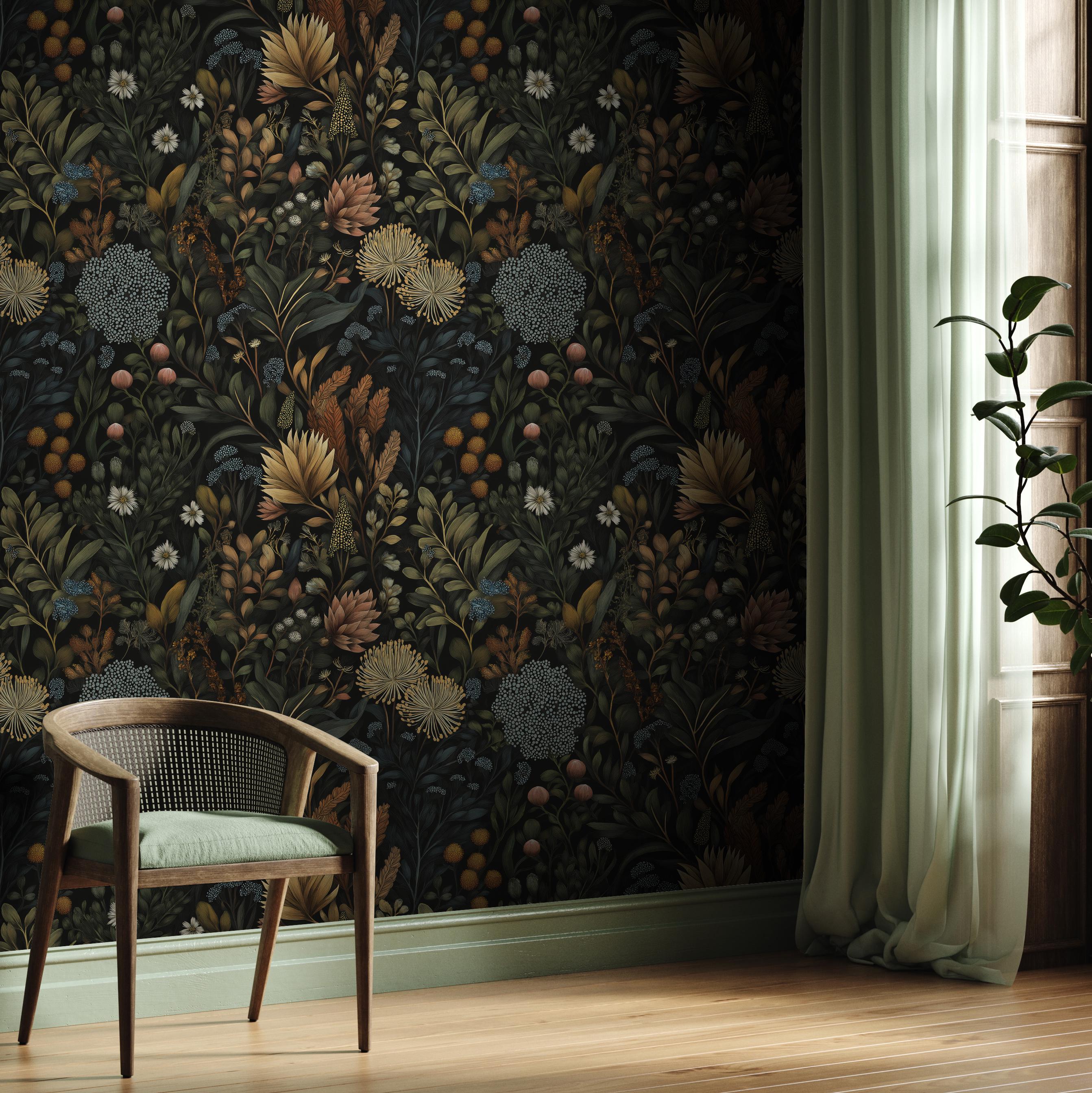 Moody Dark Botanical Wallpaper | Muted Dark Floral Peel and Stick Mural ...