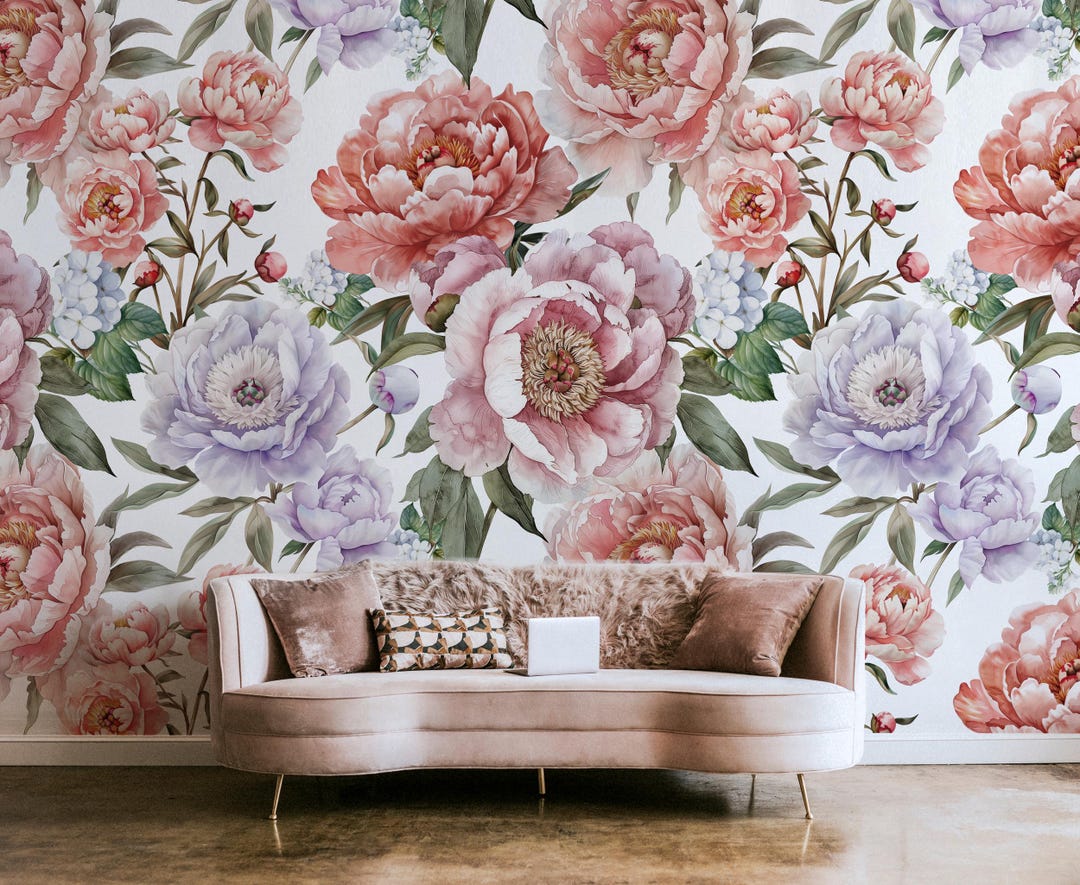 Large Watercolor Peony Wall Mural | Pink & Purple Floral Peel and Stick ...