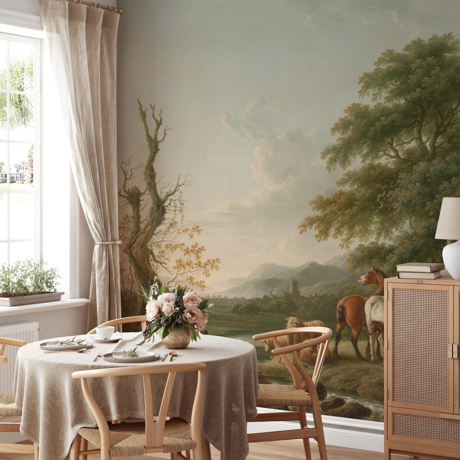 Vintage Scenic Wallpaper Mural | Pastoral Landscape Painting Wall Mural ...