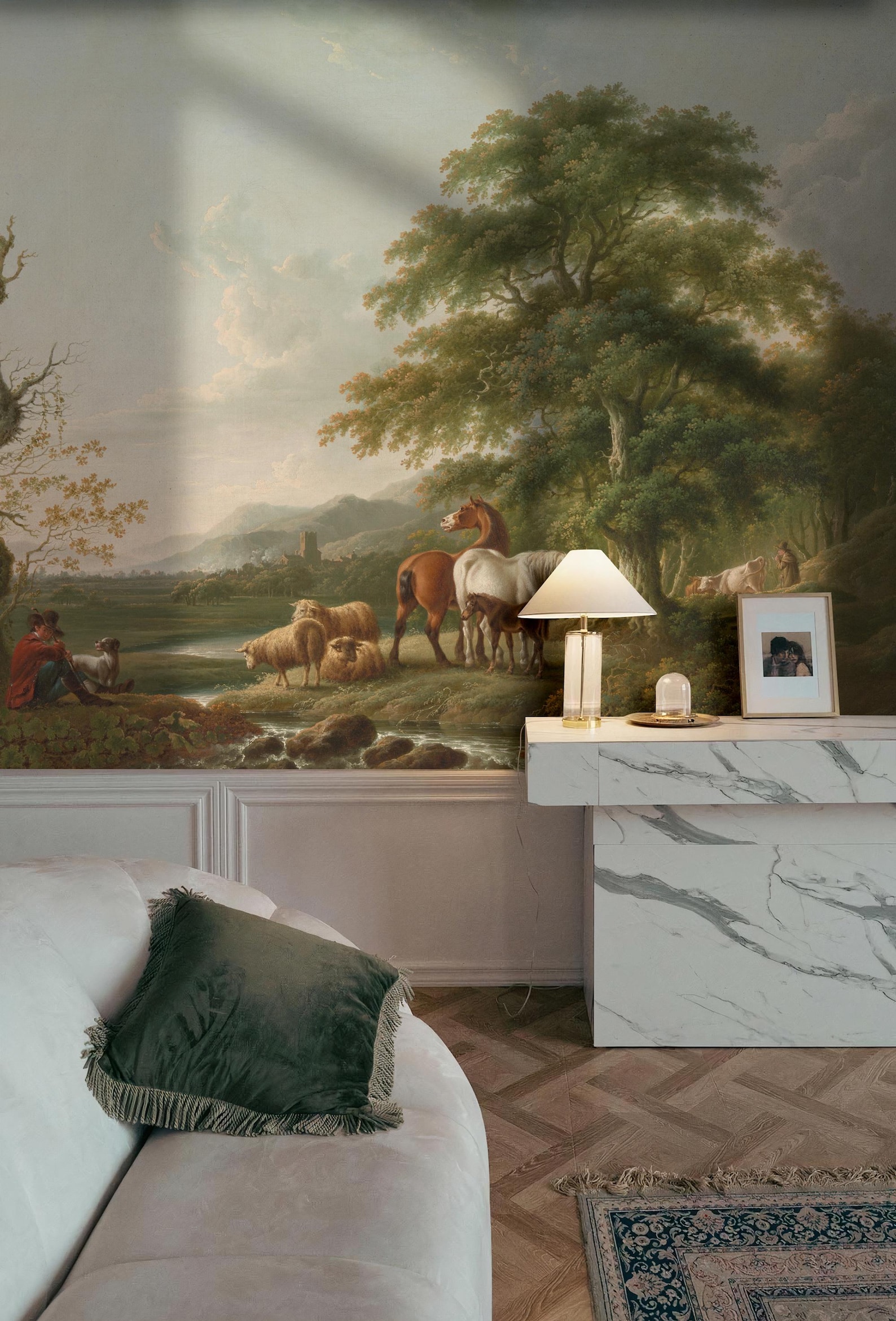 Vintage Scenic Wallpaper Mural | Pastoral Landscape Painting Wall Mural ...