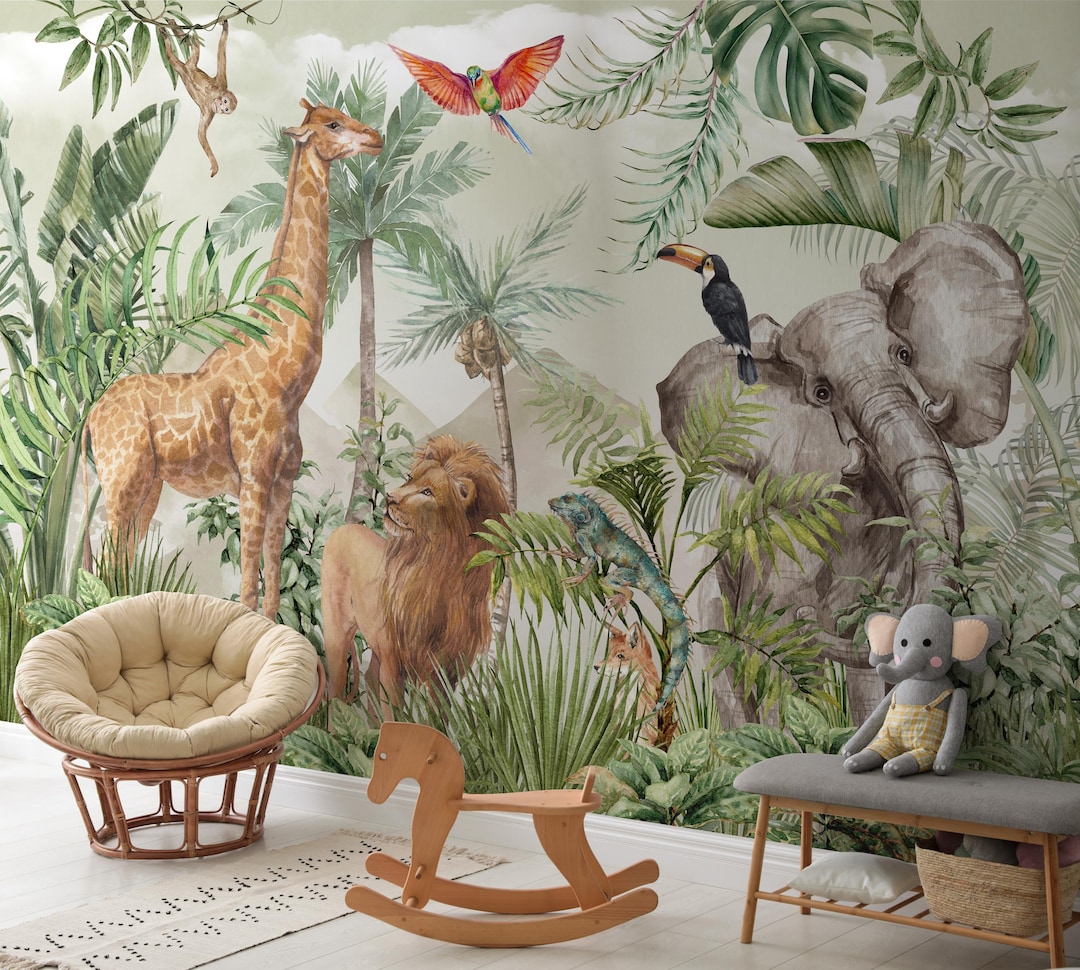 Kids Jungle Wallpaper Peel and Stick | Watercolor Safari Wall Mural ...