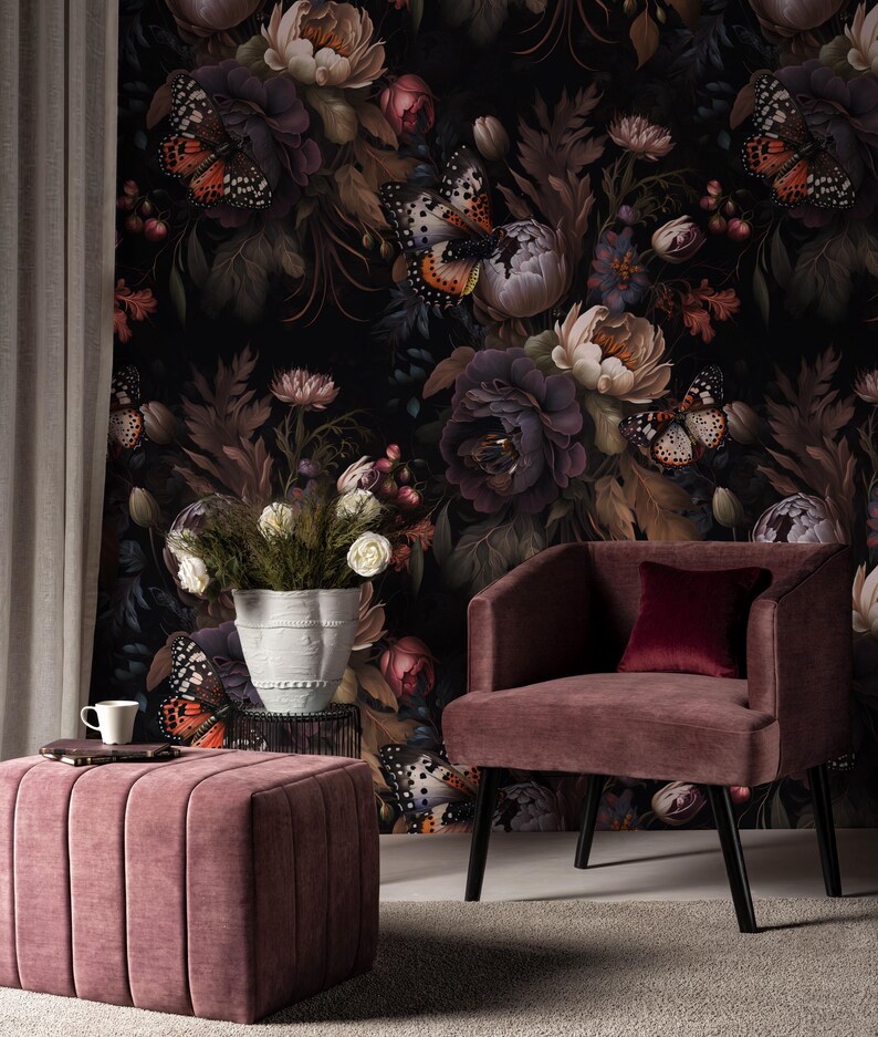 Dark Floral Butterfly Wallpaper | Moody Botanical Wall Mural | Peel and ...