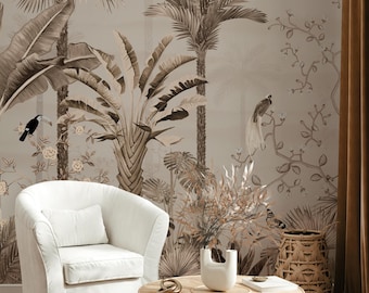 Sepia Palm Tree Wallpaper | Vintage Tropical Wall Mural | Removable Peel and Stick
