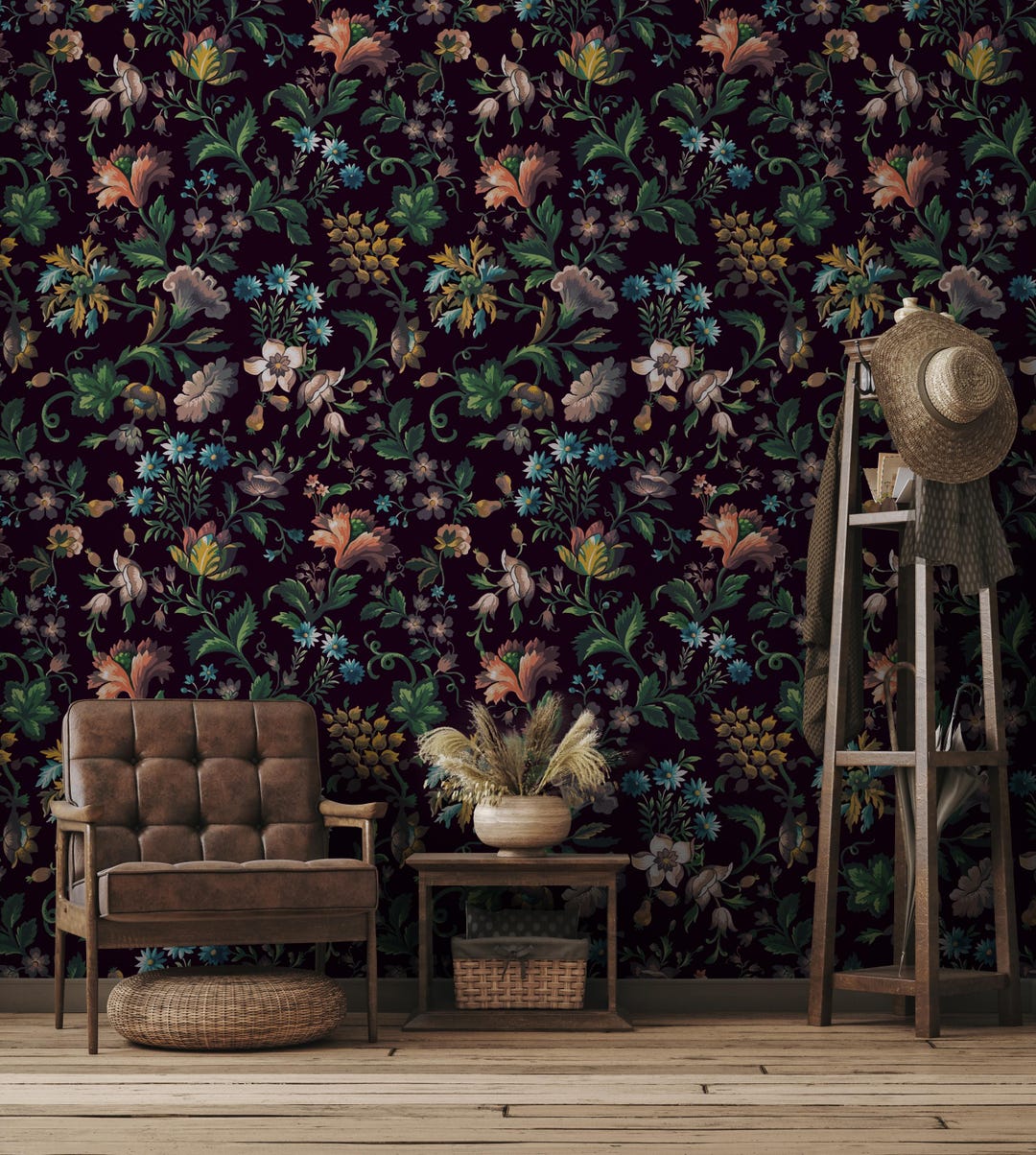 Vintage Dark Botanical Flowers Wallpaper | Removable Tapestry Style ...
