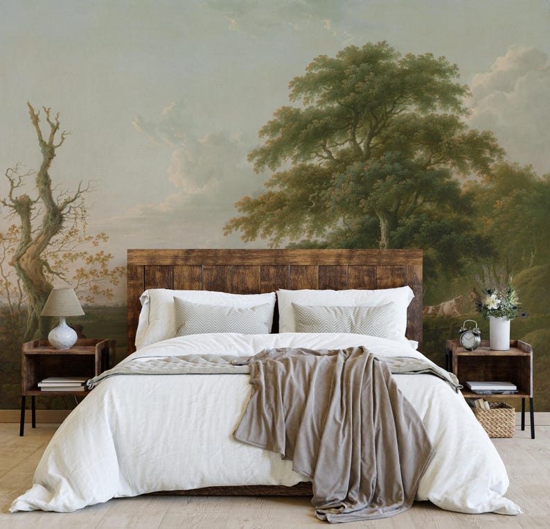Vintage Scenic Wallpaper Mural | Pastoral Landscape Painting Wall Mural ...