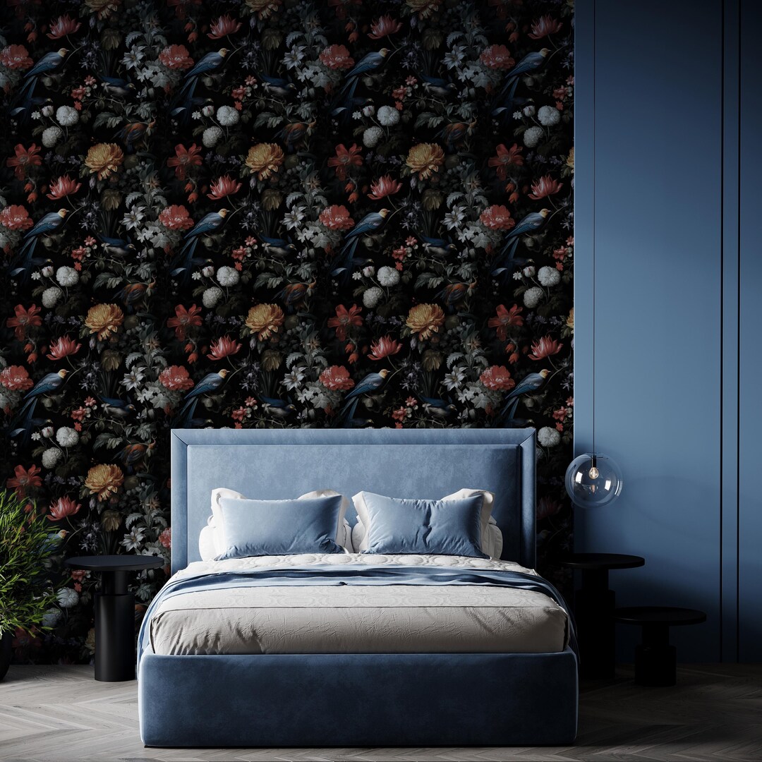 Dark Floral Wall Mural | Blue Bird Peel and Stick Wallpaper | Dutch ...