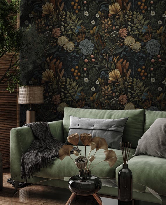Moody Dark Botanical Wallpaper | Muted Dark Floral Peel and Stick Mural | Removable Cottagecore Decor
