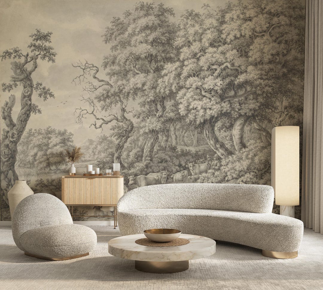 Vintage Forest Landscape Wallpaper | Monochrome Tree Scenic Wall Mural ...