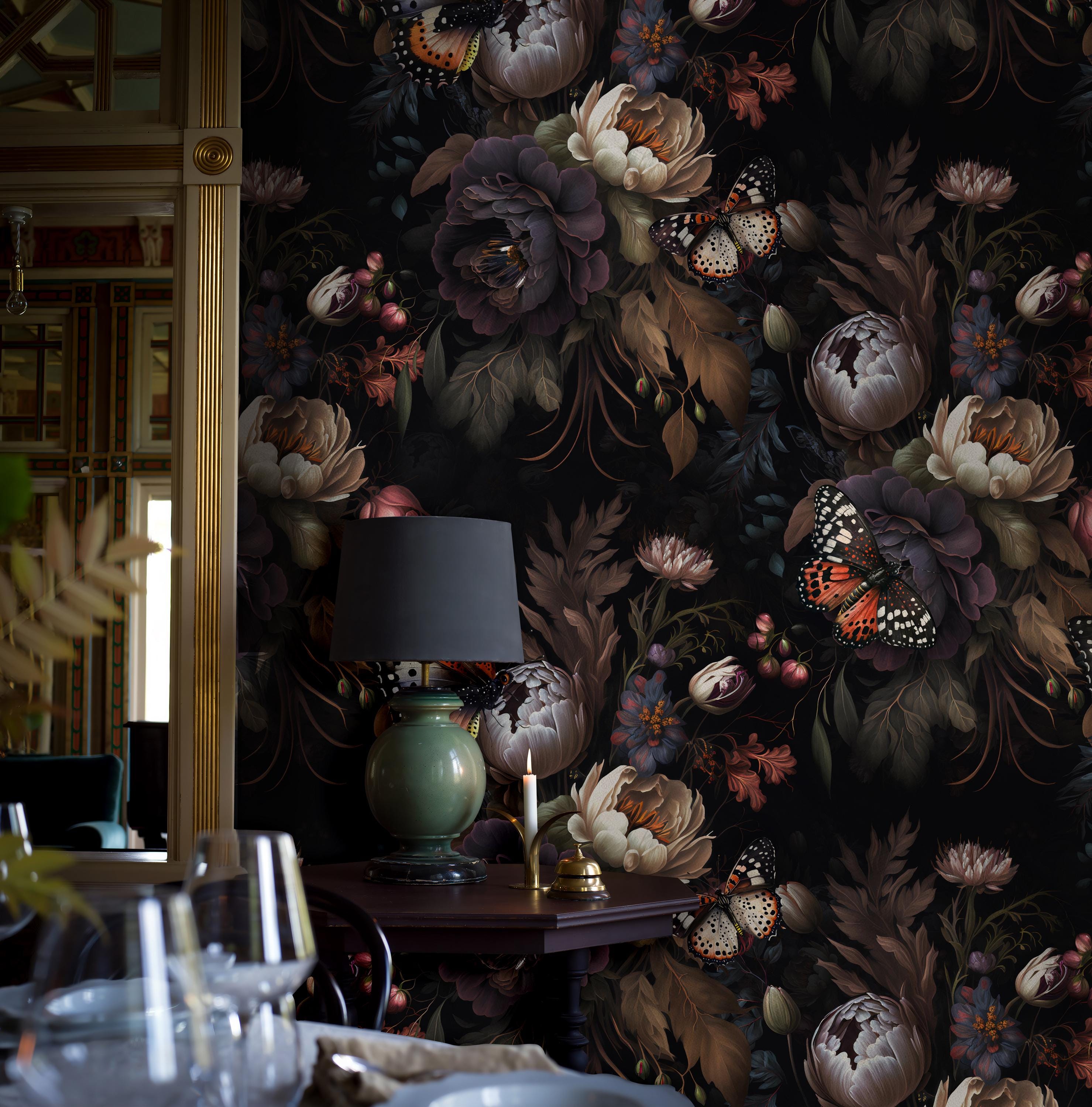 Dark Floral Butterfly Wallpaper | Moody Botanical Wall Mural | Peel and ...